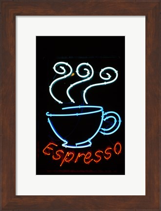 Framed Glowing Neon Sign of an Espresso Coffee Cup Print