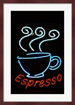 Framed Glowing Neon Sign of an Espresso Coffee Cup Print