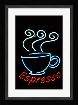 Framed Glowing Neon Sign of an Espresso Coffee Cup Print