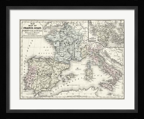 Framed Map of France, Spain &amp; Italy Print