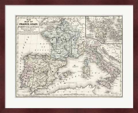 Framed Map of France, Spain &amp; Italy Print