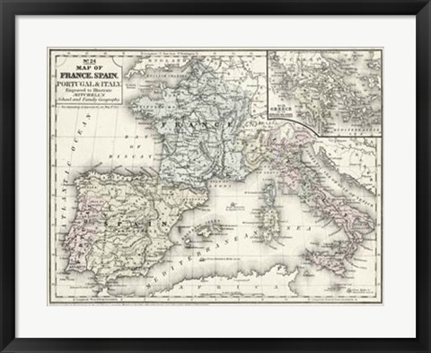 Framed Map of France, Spain &amp; Italy Print
