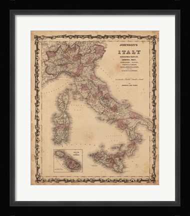 Framed Johnson's Map of Italy Print