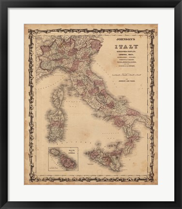 Framed Johnson's Map of Italy Print