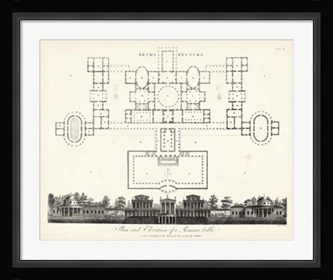 Framed Plan &amp; Elevation for a Roman Villa Print