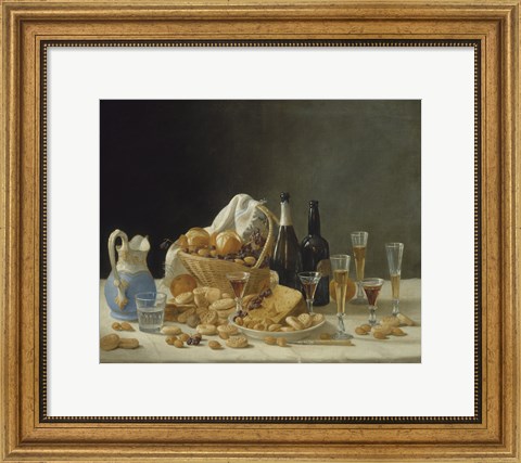 Framed Still Life with Wine Bottles and Basket of Fruit, 1857 Print