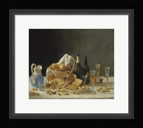 Framed Still Life with Wine Bottles and Basket of Fruit, 1857 Print
