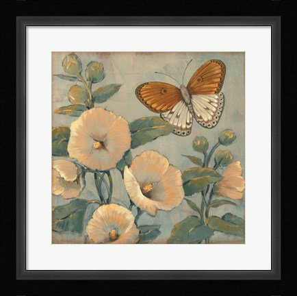 Framed Butterfly &amp; Hollyhocks I Print