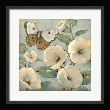 Framed Butterfly &amp; Hollyhocks II Print