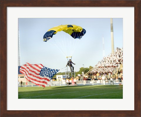 Framed U.S. Navy Demonstration Parachute Team, the Leap Frogs, Lands at the 50 Yard Line of Aggie Stadium Greensboro NC Print