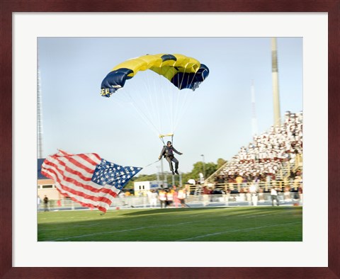 Framed U.S. Navy Demonstration Parachute Team, the Leap Frogs, Lands at the 50 Yard Line of Aggie Stadium Greensboro NC Print