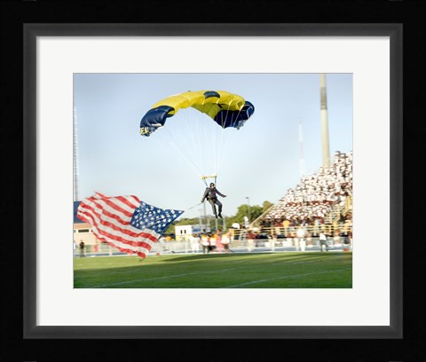 Framed U.S. Navy Demonstration Parachute Team, the Leap Frogs, Lands at the 50 Yard Line of Aggie Stadium Greensboro NC Print