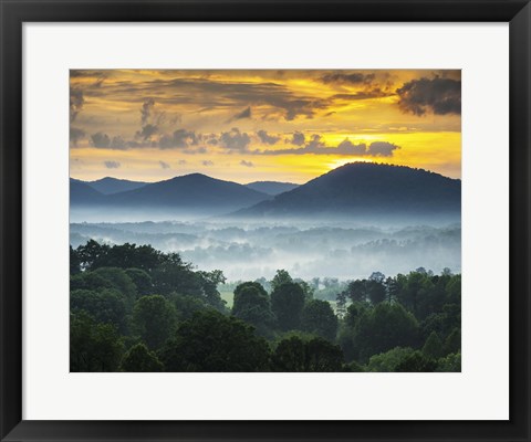 Framed Asheville NC Blue Ridge Mountains Sunset and Fog Landscape Print