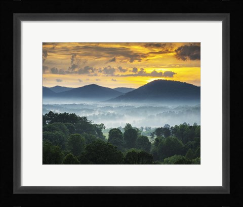 Framed Asheville NC Blue Ridge Mountains Sunset and Fog Landscape Print