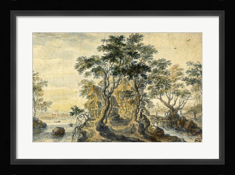 Framed River Landscape with House on a Rocky Island Print