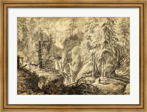 Framed Mountain Landscape, Peasants in a Clearing near a Waterfall Print