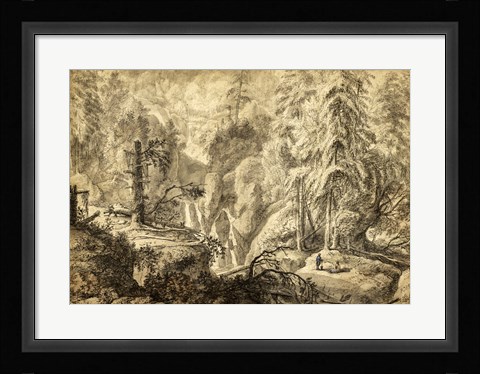 Framed Mountain Landscape, Peasants in a Clearing near a Waterfall Print