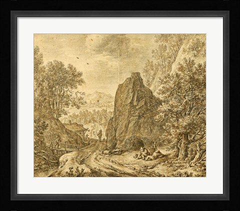 Framed Mountain Landscape with Figures Print