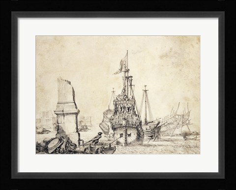 Framed Ship in a Port with a Ruined Obelisk Print