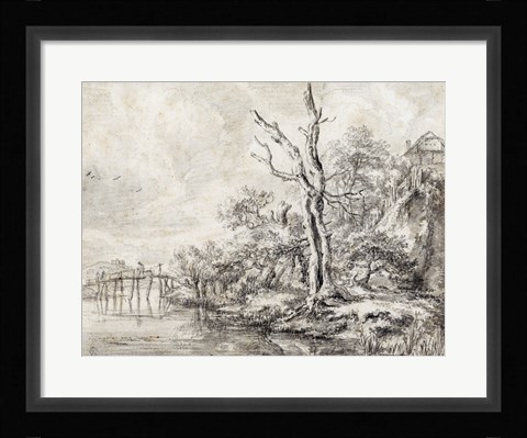 Framed Dead Tree by a Stream at the Foot of a Hill Print