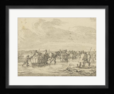 Framed Scene on the Ice with Skaters and Wagons Print