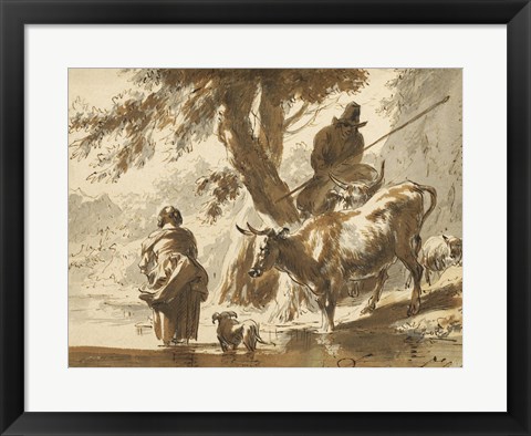 Framed Cows Crossing a Ford with a Couple and a Dog Print