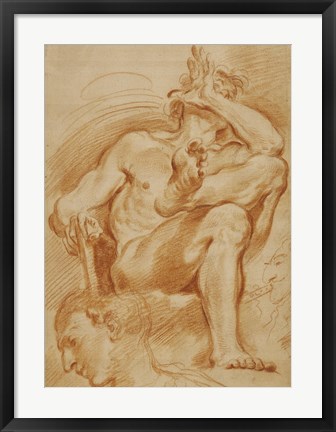 Framed Seated Nude Man, A Youthful Head, and a Caricature Head of a Man Playing a Pipe Print