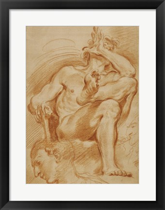 Framed Seated Nude Man, A Youthful Head, and a Caricature Head of a Man Playing a Pipe Print