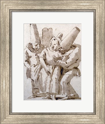 Framed Punchinellos Approaching a Woman Print