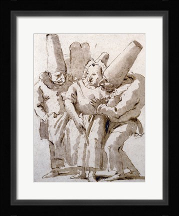 Framed Punchinellos Approaching a Woman Print