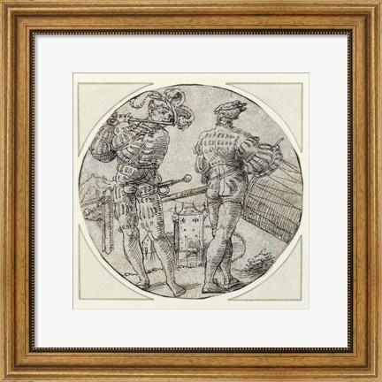 Framed Flutist and Drummer Before a Moated Castle Print