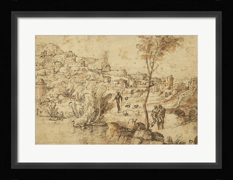 Framed Landscape with Shepherds by a River and a Town Beyond Print