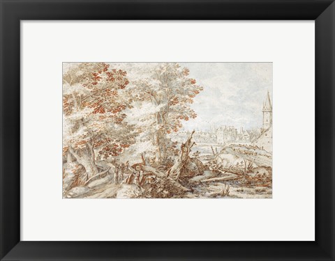 Framed Wooded Landscape with Travelers by a Stream, a Town Beyond Print