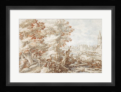 Framed Wooded Landscape with Travelers by a Stream, a Town Beyond Print