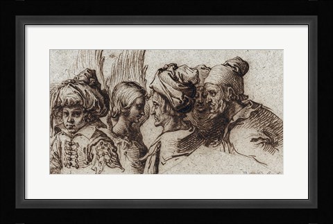 Framed Bust of a Boy in a Turban, a Winged Angel, and Three Old Men Print