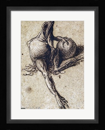 Framed Frog Sitting on Coins and Holding a Sphere Print