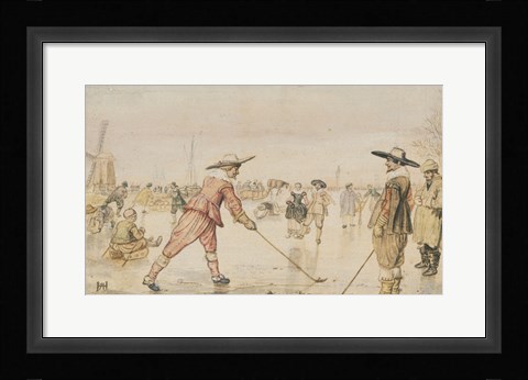 Framed Winter Scene with Two Gentlemen Playing Colf Print
