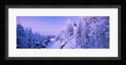 Framed Snow covered trees in front of a hotel, Imatra State Hotel, Imatra, Finland Print