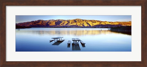Framed Picnic tables in the lake, Diaz Recreation Area Lake, Lone Pine, California, USA Print