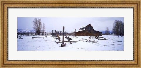 Framed Mormon barn in winter, Wyoming, USA Print