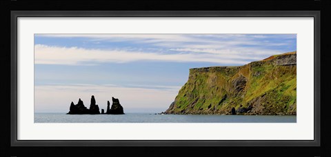 Framed Basalt rock formations in the sea, Vik, Iceland Print
