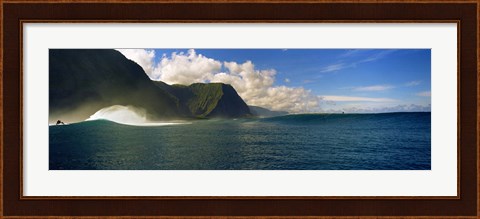 Framed Rolling waves with mountains in the background, Molokai, Hawaii Print