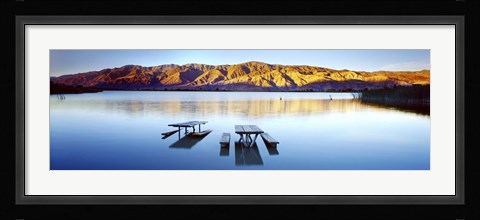 Framed Picnic tables in the lake, Diaz Recreation Area Lake, Lone Pine, California, USA Print