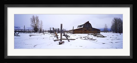 Framed Mormon barn in winter, Wyoming, USA Print