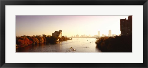Framed Boats in the river with cityscape in the background, Head of the Charles Regatta, Charles River, Boston, Massachusetts, USA Print