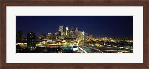 Framed Buildings lit up at night in a city, Minneapolis, Hennepin County, Minnesota, USA Print