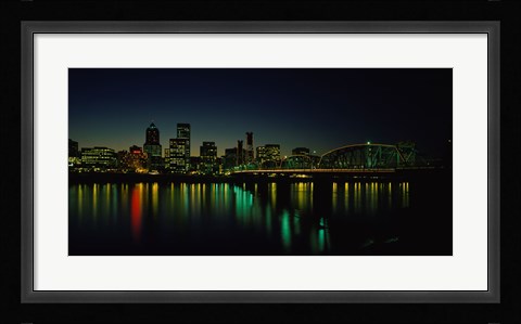 Framed Buildings lit up at night, Willamette River, Portland, Oregon, USA Print