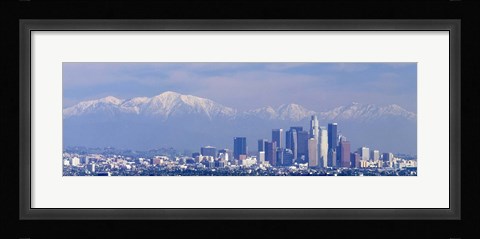 Framed Buildings in a city with snowcapped mountains in the background, San Gabriel Mountains, City of Los Angeles, California, USA Print