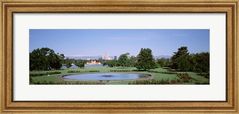 Framed Formal garden in City Park with city and Mount Evans in background, Denver, Colorado, USA Print