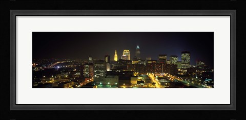 Framed Aerial view of a city lit up at night, Cleveland, Ohio, USA Print
